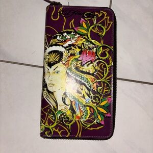 Distressed Ed Hardy Women's Wallet with Purple and Yellow Graphic